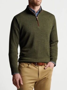 Peter Millar Crest Suede Trim 1/4 Zip Merino Wool Blend Sweater Green Basil M